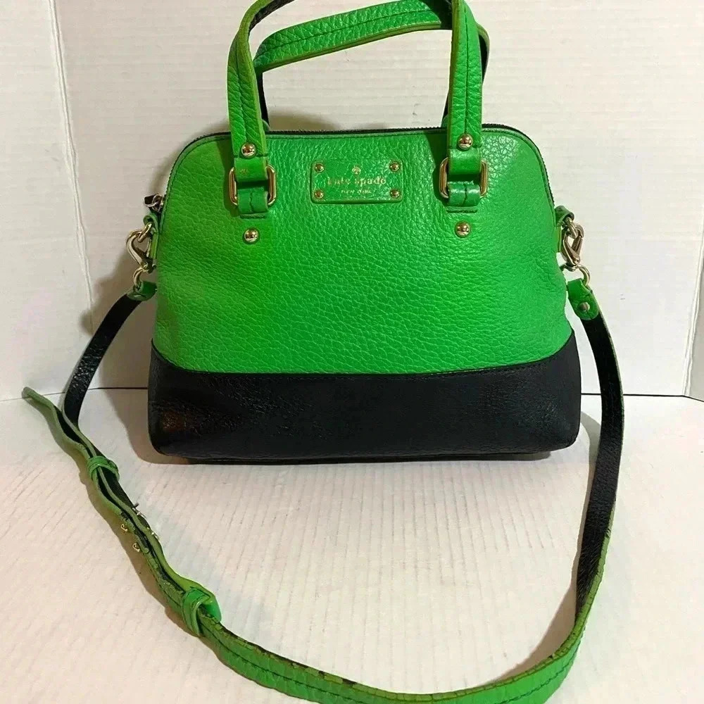 Kate spade green black pebbled leather satchel handbag